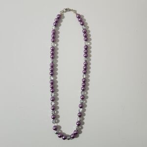 Purple Transparent Round Beaded Necklace Lobster Silver Tone Cord